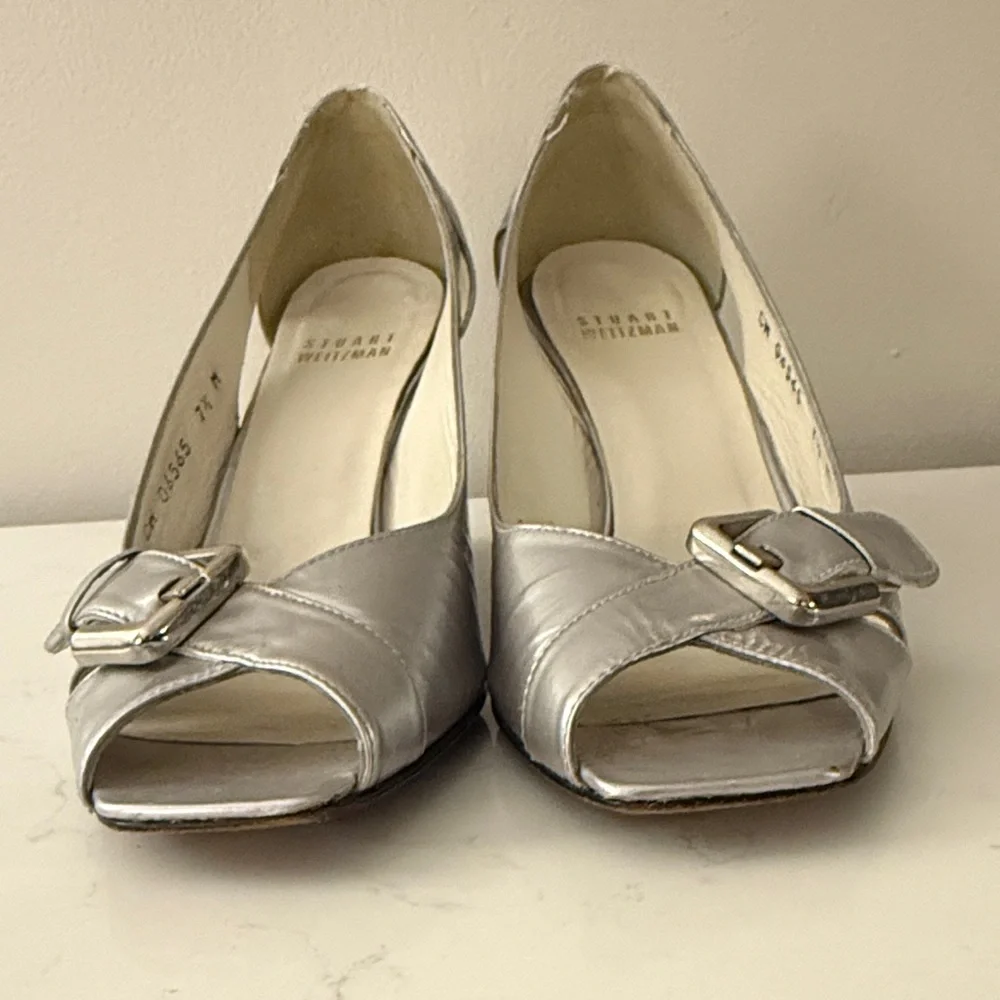 Elegant Silver Stuart Weitzman Wedge Peep-Toe Genuine Leather Shoes 7.5 $269 - Picture 3 of 12